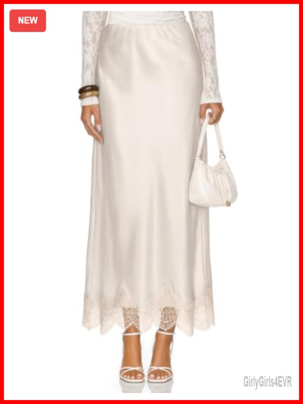 Satin Lace Trim Maxi Skirt High Waist A-Line Business Casual